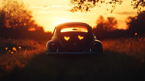 Vintage compact car on rural field at low sunset light.