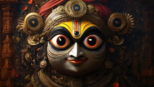 Radiant sacred face with bright eyes and golden adornment.