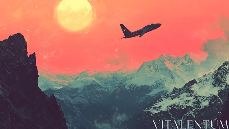 Jet aircraft over snowy mountains under large sun.