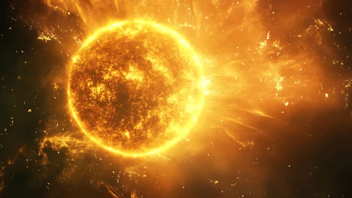 Solar inferno sphere hurling golden storms into void.