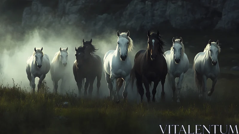 Wild horses charge through misty meadow at dusky twilight