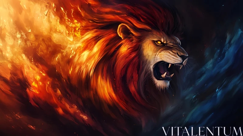 Roaring elemental lion merges fire and darkness in motion.