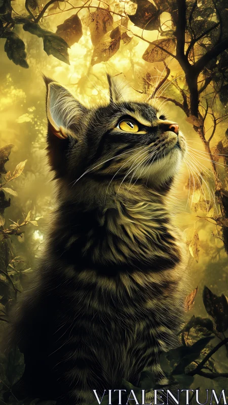 Golden-eyed forest cat studies dappled sunset light.