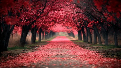 Cherry blossom tunnel framing a receding scarlet path.