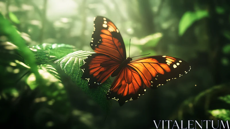 Orange butterfly on leaf in softly lit forest scene.
