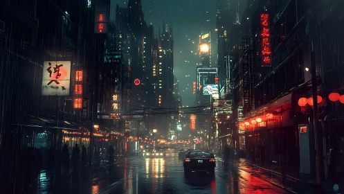 Rainy neon city street with traffic at night scene.