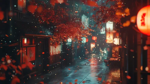 Rain-drenched lantern alley under glowing crimson maples.
