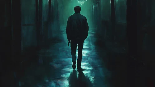 Lone figure walks down neon washed corridor at night.