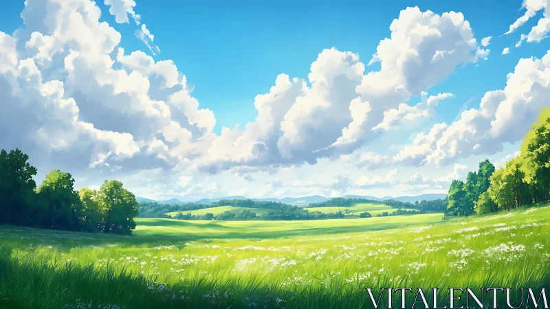 Sunlit meadow under sweeping cumulus clouds panorama.