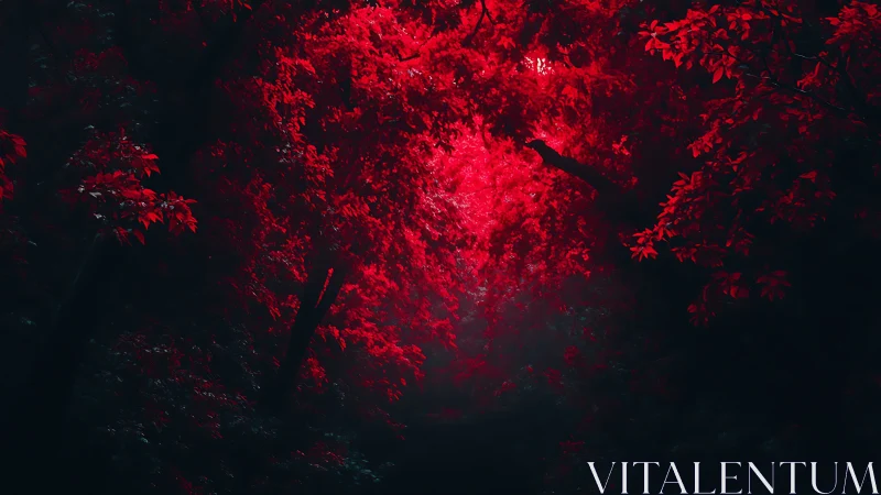 Crimson canopy illuminated by night light through autumn foliage.