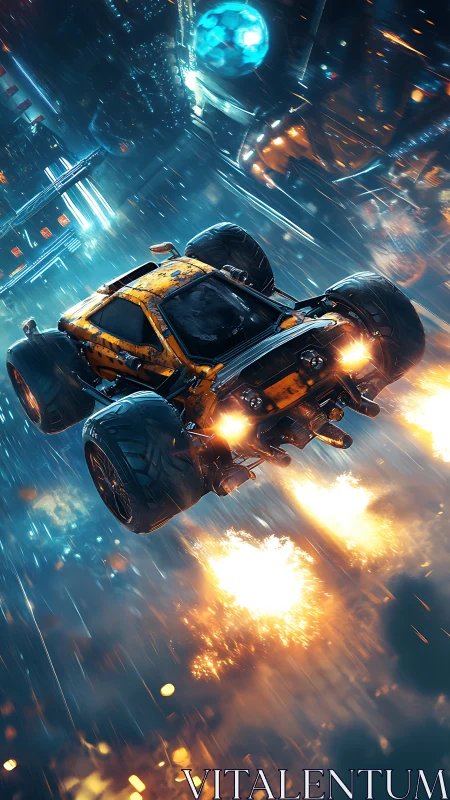 Futuristic off-road car rockets through neon sci-fi city