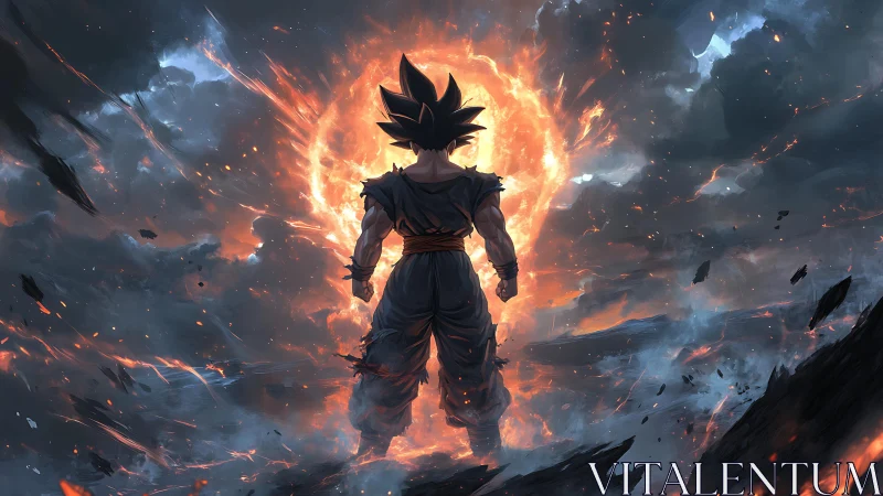 Warrior ignites cosmic power amid apocalyptic storm sky.