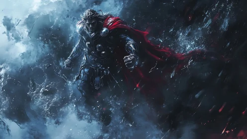 Storm-clad warrior surges through fractured cosmic tempest.