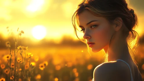 Golden hour portrait of a young woman in glowing meadow.