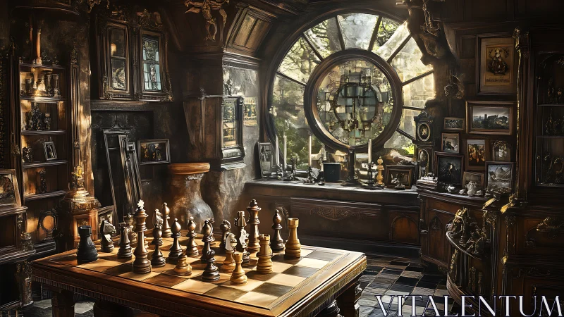 Vintage chess study with circular window and artifacts.