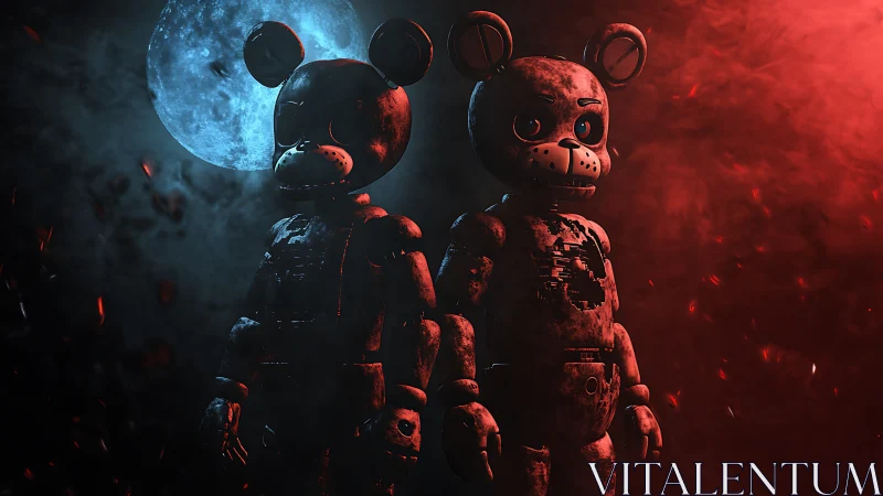 Rustic animatronic bears under blue moon and red haze.
