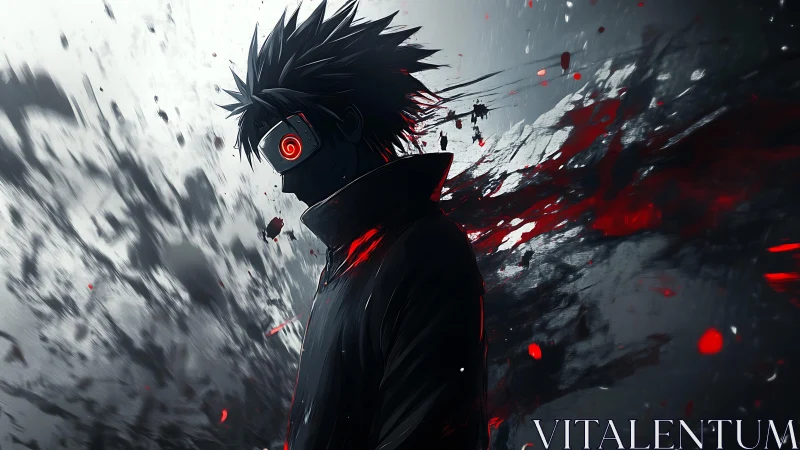 Brooding masked warrior wrapped in swirling red shadows.