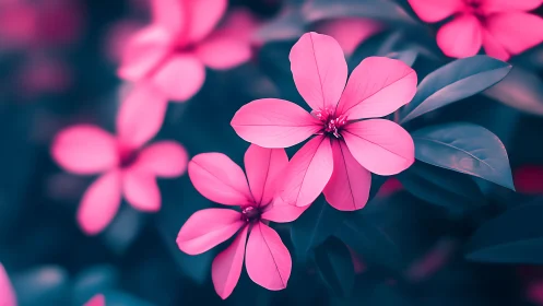 Vivid Pink Flowers Against Deep Teal Foliage