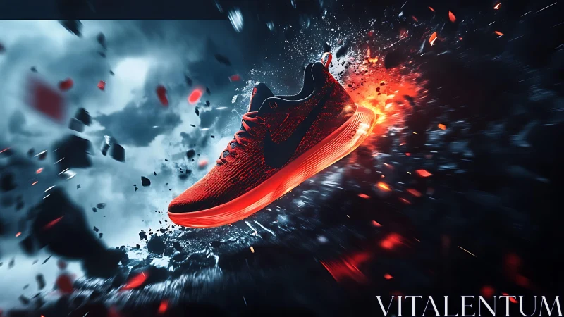 Red athletic shoe rendered in explosive dynamic environment