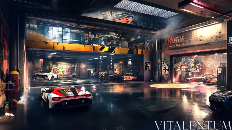 Neon-lit supercar garage hums under slick reflective floors.