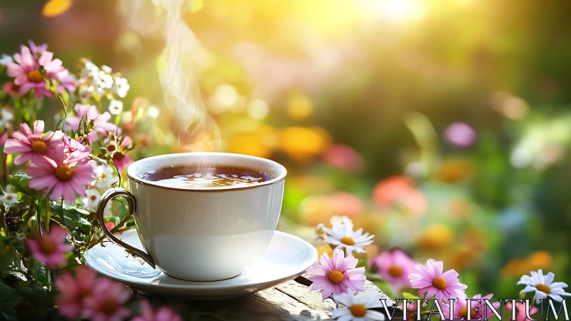 Steaming Tea Cup Among Garden Flowers in Golden Sunlight