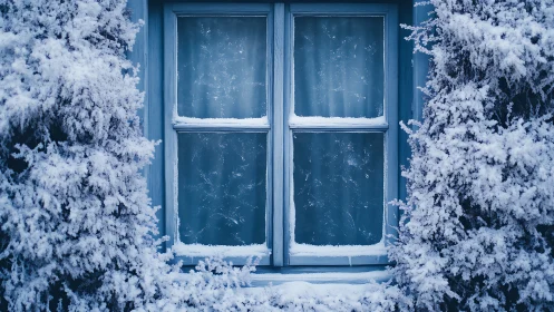 Frosted blue window framed by heavy snow covered evergreens.