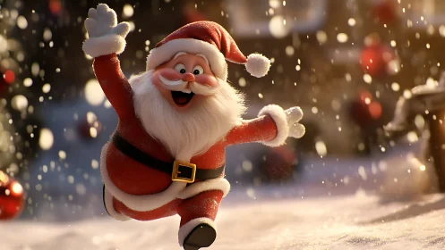 Cheerful cartoon Santa runs through snowy Christmas street