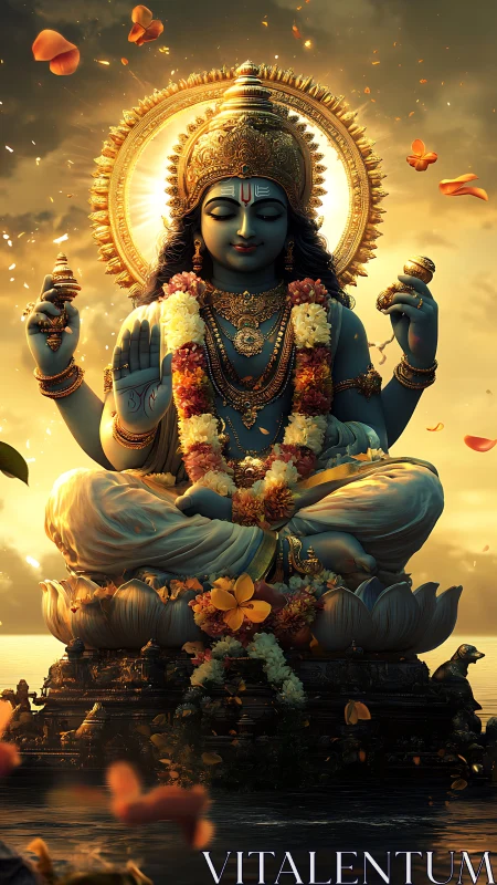 Serene blue deity blooms in golden lotus dusk reverie.