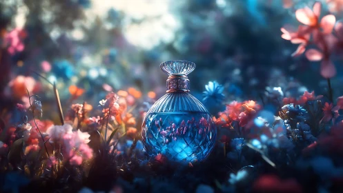 Enchanted blue perfume bottle rests in a glowing flower meadow