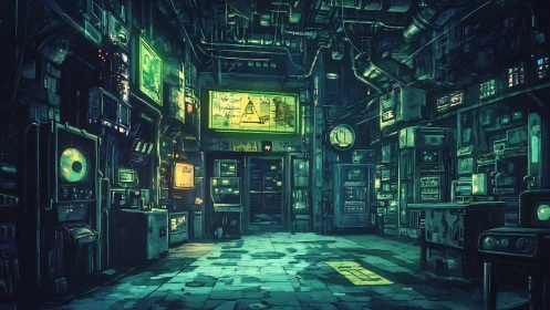 Cyberpunk control lab with glowing retro monitors at night.