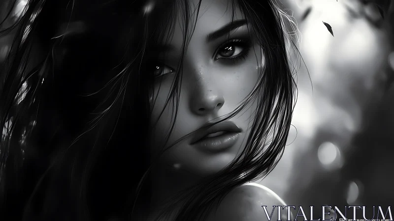 Monochrome forest muse in ethereal close-up portrait.