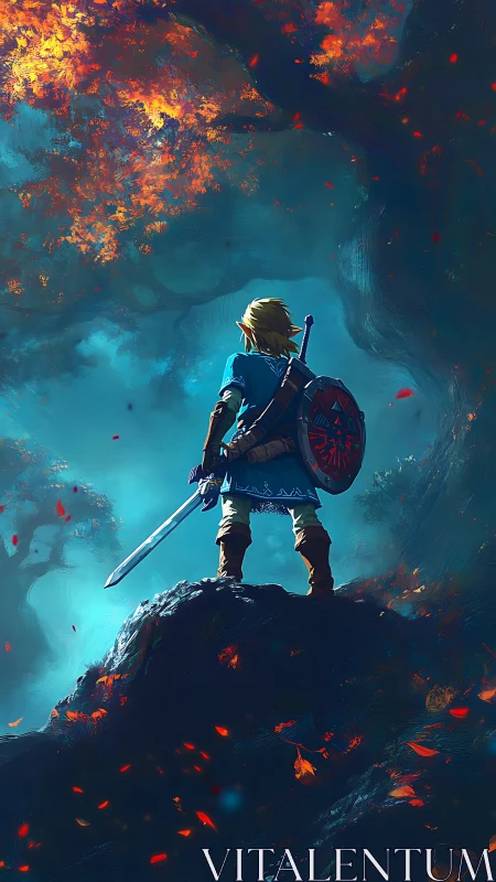 Heroic swordsman surveys a glowing enchanted forest horizon.