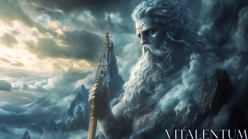 Colossal storm deity emerges from cloud-sculpted mountainscape