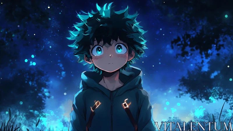 Night forest anime portrait uses rim lighting and bokeh depth cues