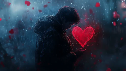 Solitary silhouette clutches luminous heart amid rainfall and particle dispersion.