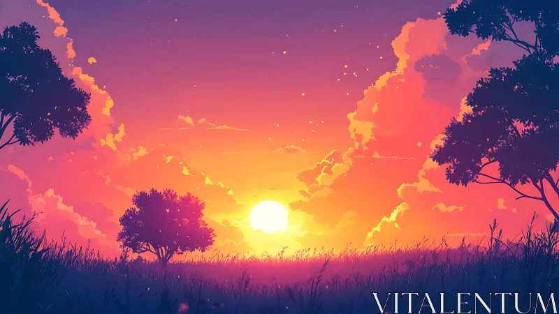 Sunset over grassy field with silhouetted trees and clouds.