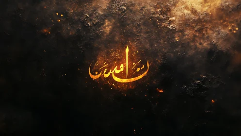 Glowing Arabic calligraphy burns through cosmic darkness.
