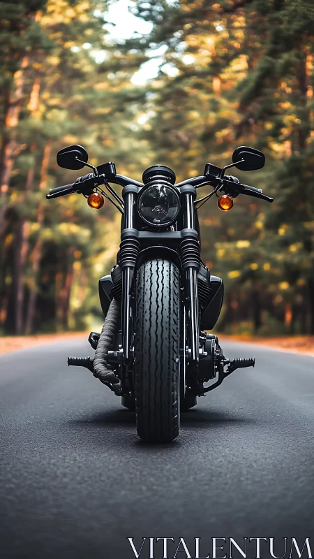 Front-on low angle of matte black cruiser motorcycle on forest road.
