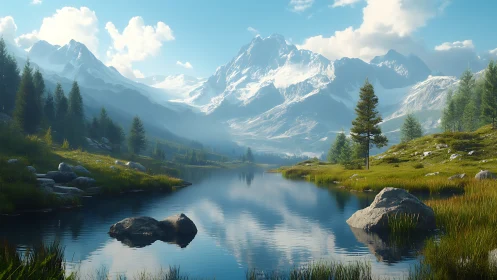 Mountain lake valley under clear sky with snow peaks.