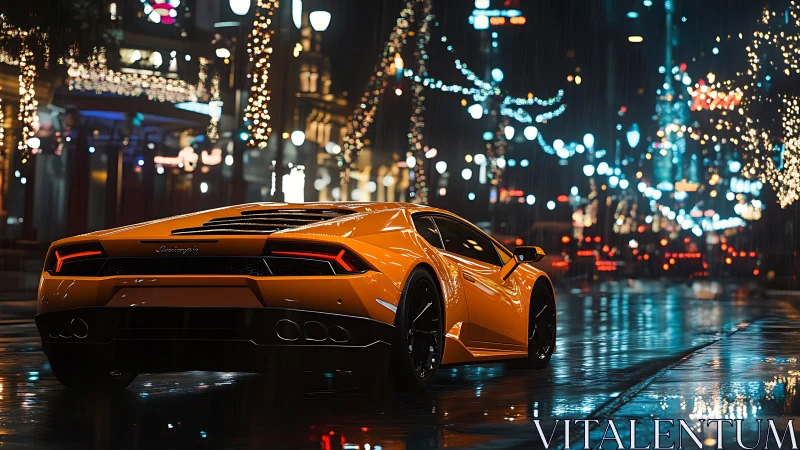 Photoreal supercar nocturne in rain-soaked city boulevard.