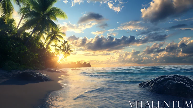 Sunlit tropical shoreline with glowing sunset reflections.