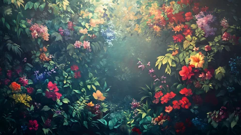 Verdant Garden: Luminous Floral Composition with Dramatic Light.
