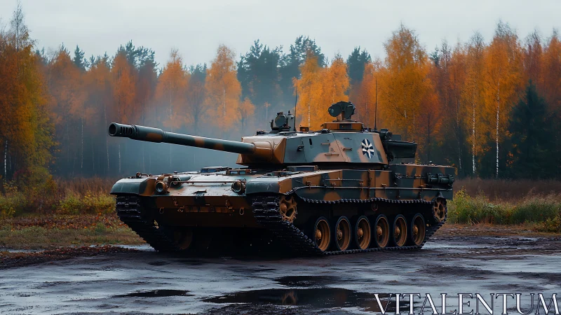 Cold war era main battle tank in autumn forest training ground