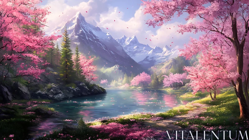 Mountain lake framed by blooming cherry trees in saturated light