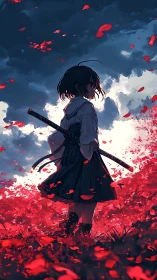 Sword-bearing schoolgirl in red flower field under storm clouds