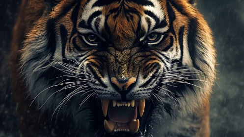 Snarling tiger face fills frame with open jaws and sharp teeth