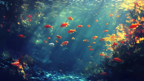School of orange reef fish in dappled sunlit underwater forest