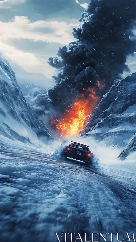 Rally car drifting toward explosive firestorm in icy canyon