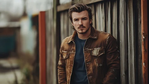 Brooding man in brown jacket leans against a rustic fence at dusk