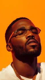 Man in glasses poses against vivid orange studio backdrop